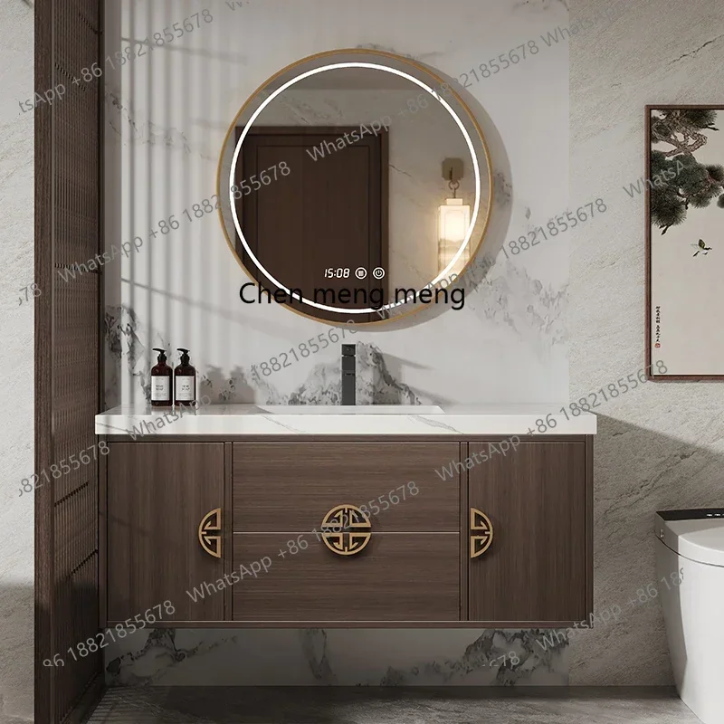 New Chinese oak bathroom cabinet combination bathroom rock slab washbasin toilet sink washbasin