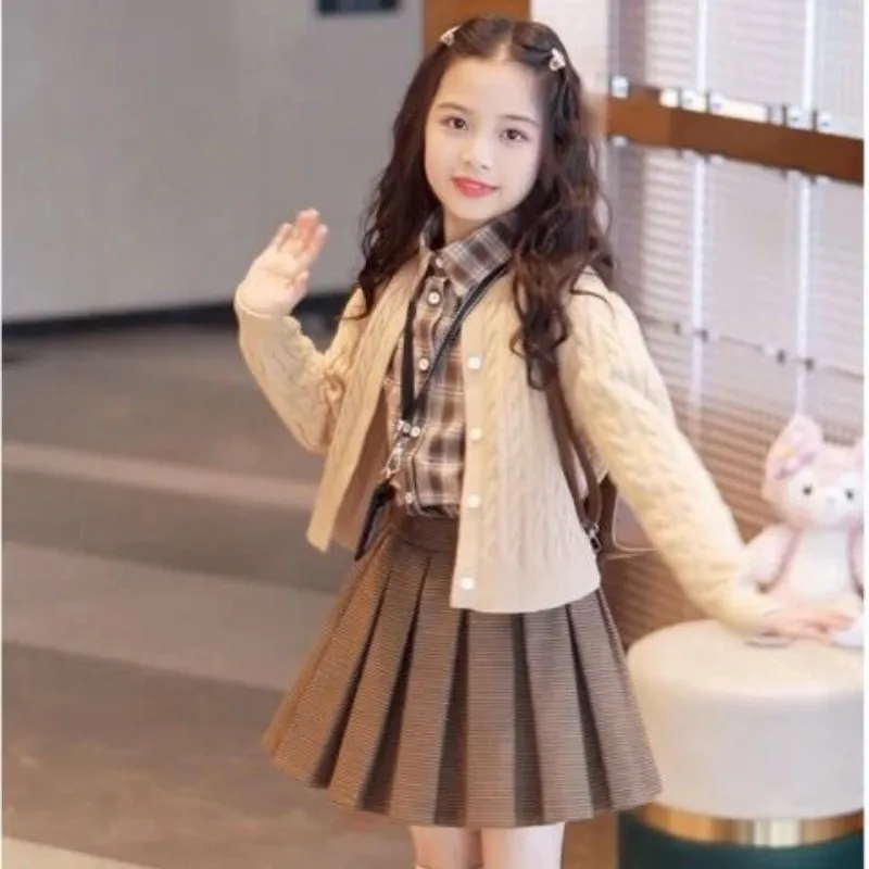 Girls' JK Uniform Set Autumn/Winter Children's Knitted Cardigan+Shirt+pleated Skirt 3-Piece Set