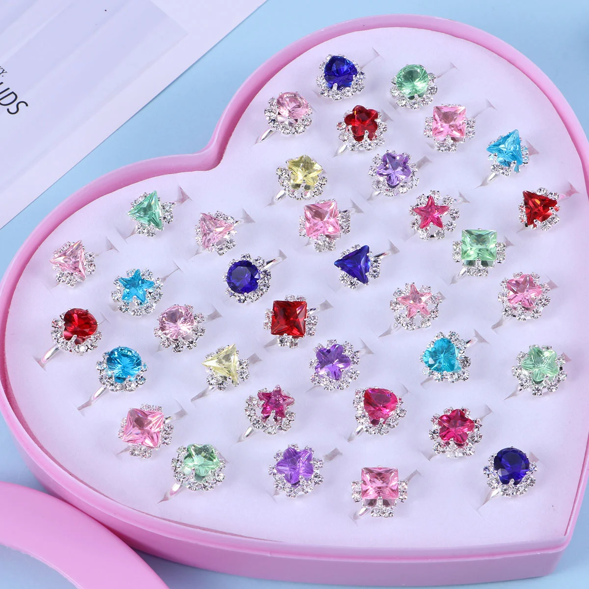 36pcs Child Rings Set Beautiful Crystal Rings Set Dress Up Ring Gift With Heart-Shaped Boxes for Kid Girl Child