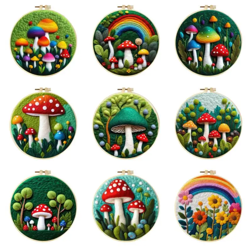 Colorful Mushrooms Felt Starter Kits For Adults Diy Wool Felting Painting Beginners Kit Embroidery Frame Wool Needlework Crafts