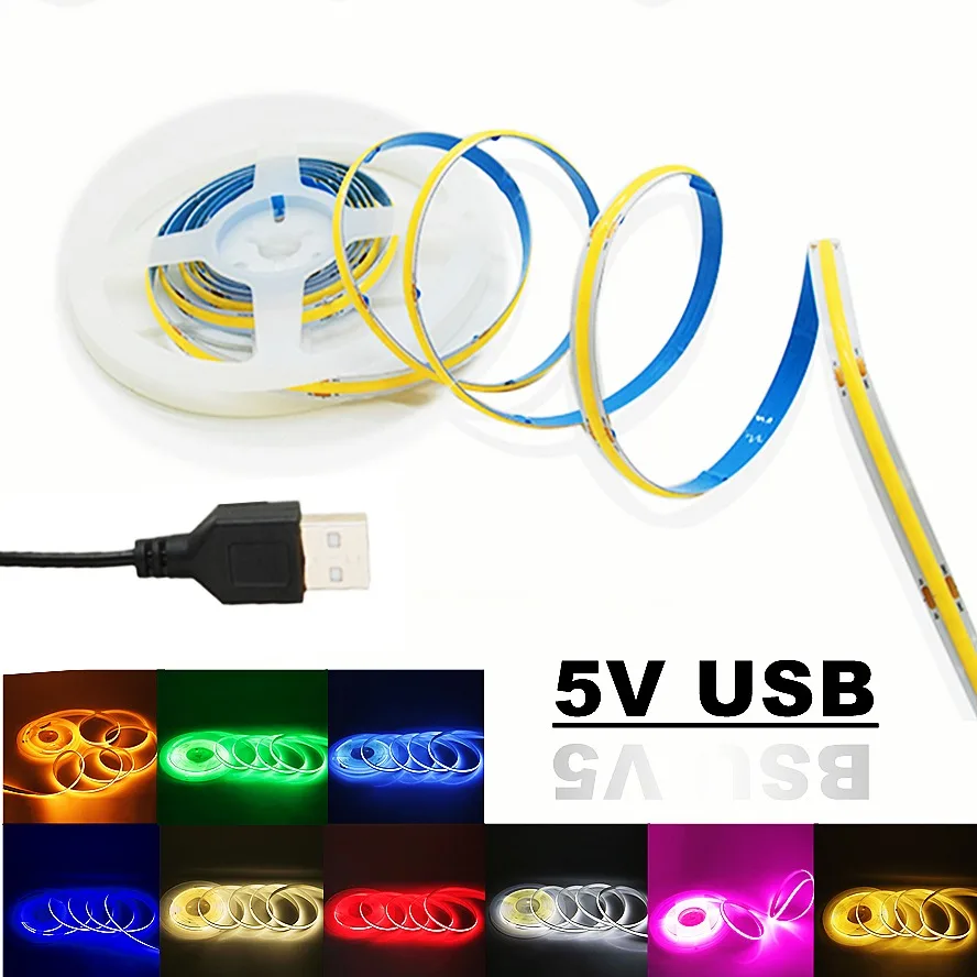 USB COB Strip DC5V 320Leds/M White/Red/Yellow Cabinet Light Lamp TV Backlight Flexible LED Strip Lighting Tape Home Decor Lamp