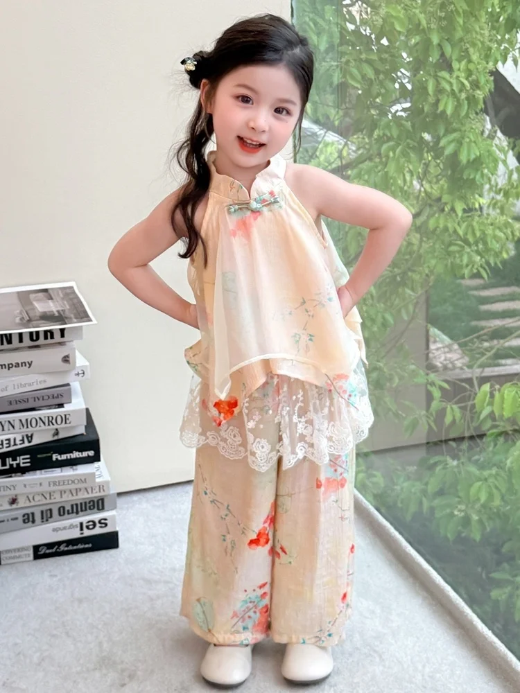 女の子の夏服半袖トップスとパンツ中国風子供服通気性があり快適な子供用セット2-7歳向け