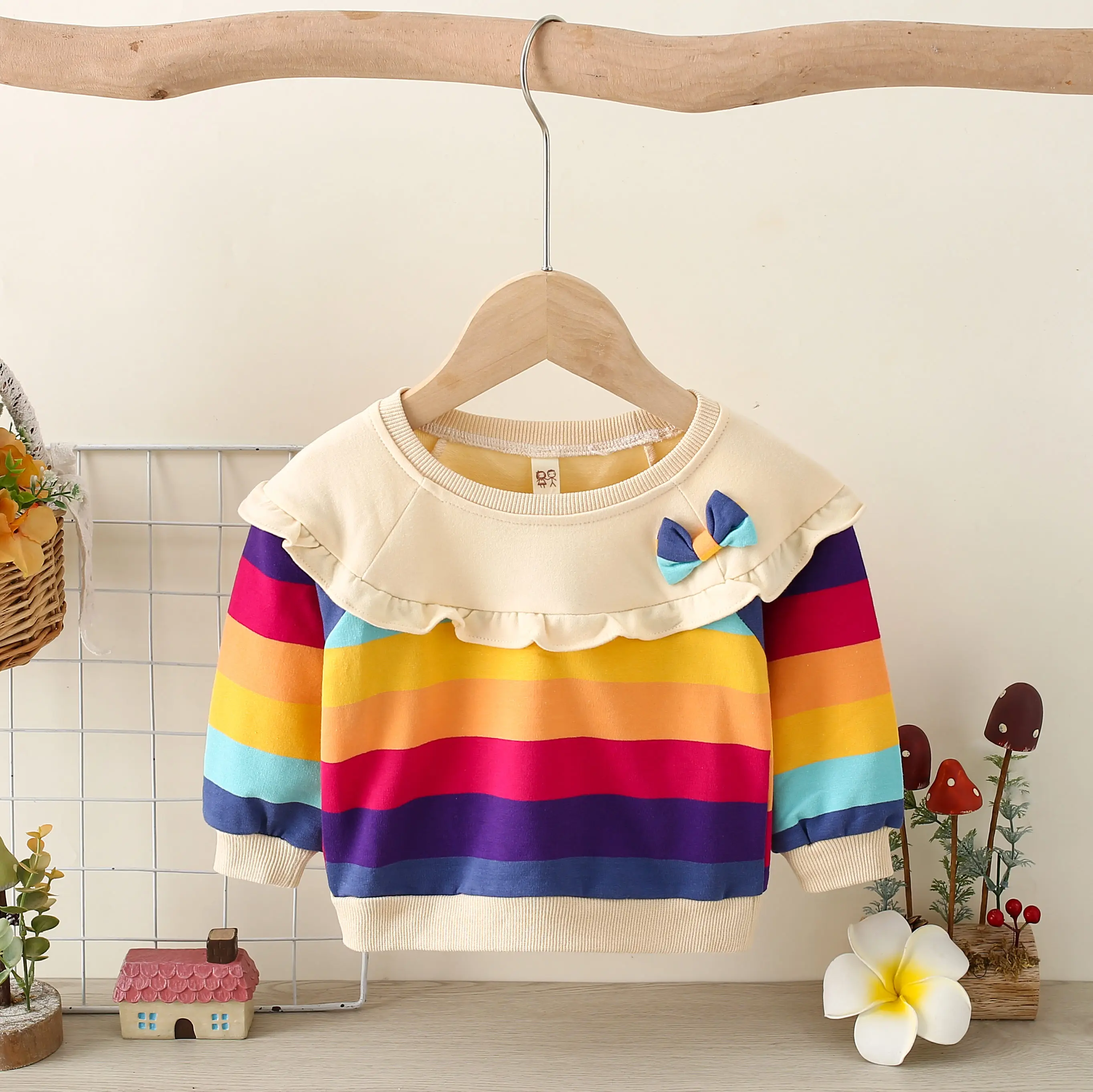 Summer New Baby Girls Dress Rainbow Lace Pleated Hoodie Long Sleeve Rainbow Striped Bow Sweet Casual Round Neck