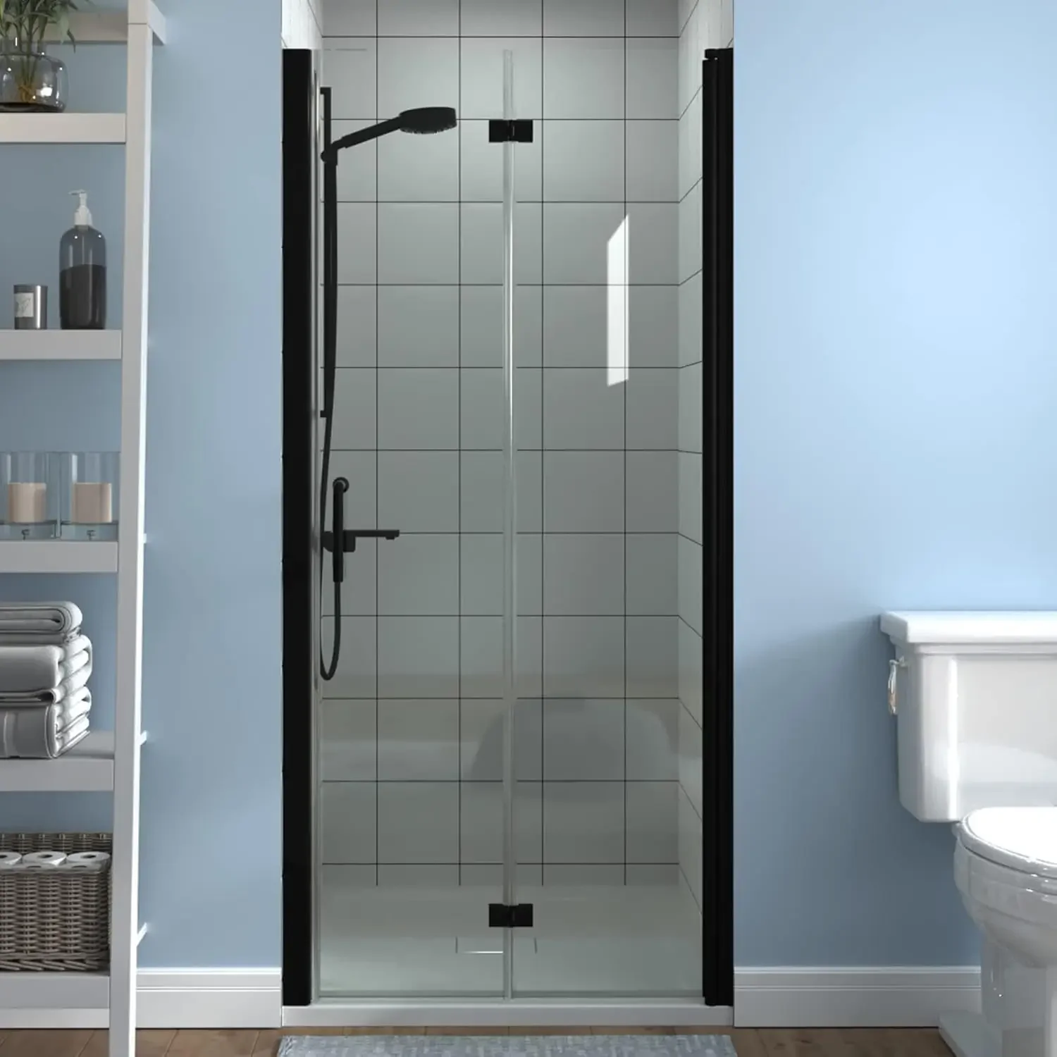 Bifold Frameless Glass Shower Door Fold Clear Glass Shower Panel Pivot Swing Shower Doors Matte Black Finish Reversible