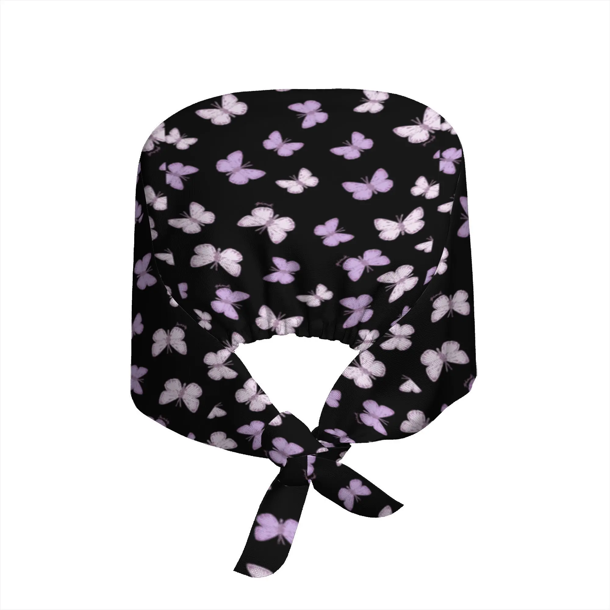 Black Base Purple Butterfly Print Scrub Cap Elegant Insect Pattern Hat Adjustable Tie‑back Medical Work Cap for Nurses