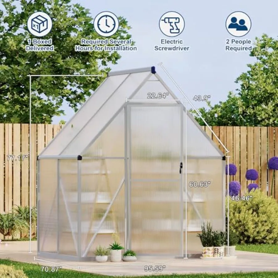 6x4 ft Walk-in Greenhouse, Polycarbonate Panels and Aluminum Frame