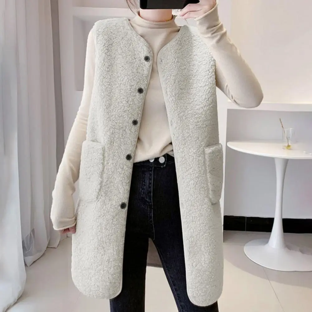 Fall Winter Women Vest Coat Round Neck Loose Mid Length Sleeveless Single-breasted Pockets Cardigan Warm Thick Outwear Waistcoat