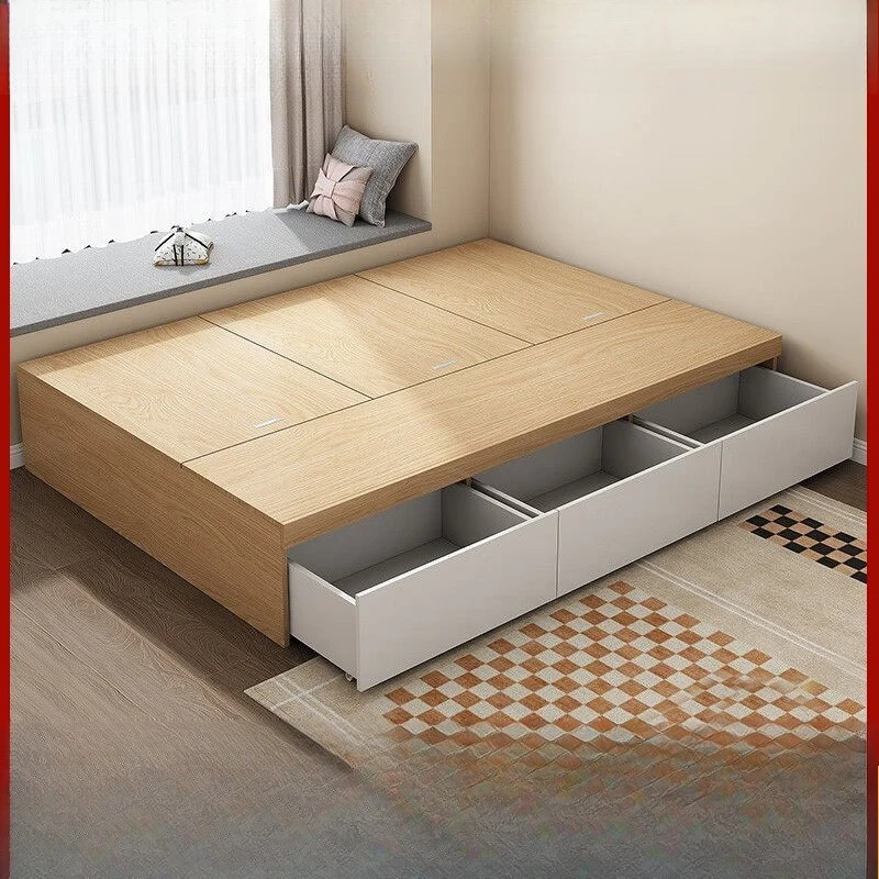 Solid wood bed simple storage double bed high box no bedside storage small tatami single bed cross-border wholesale