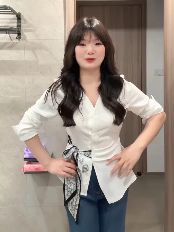 

Женская рубашка больших размеров в корейском стиле для повседневной носки, красивая, с завязками, скрывающая живот, новинка весеннего сезона