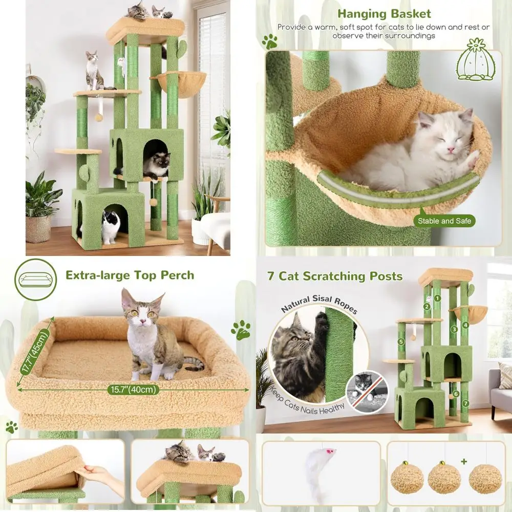 

Indoor Cactus-Style Cat Tree with Large Perch and Scratching Post for Maine Coon Cats, 61 Green