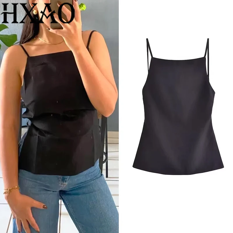 HXAO Seksowna damska bluzka typu slip, bez pleców, damska bluzka, nowość na lato 2024, kwadratowy dekolt, top na ramiączkach, gładka, modna, codzienna, elegancka odzież damska