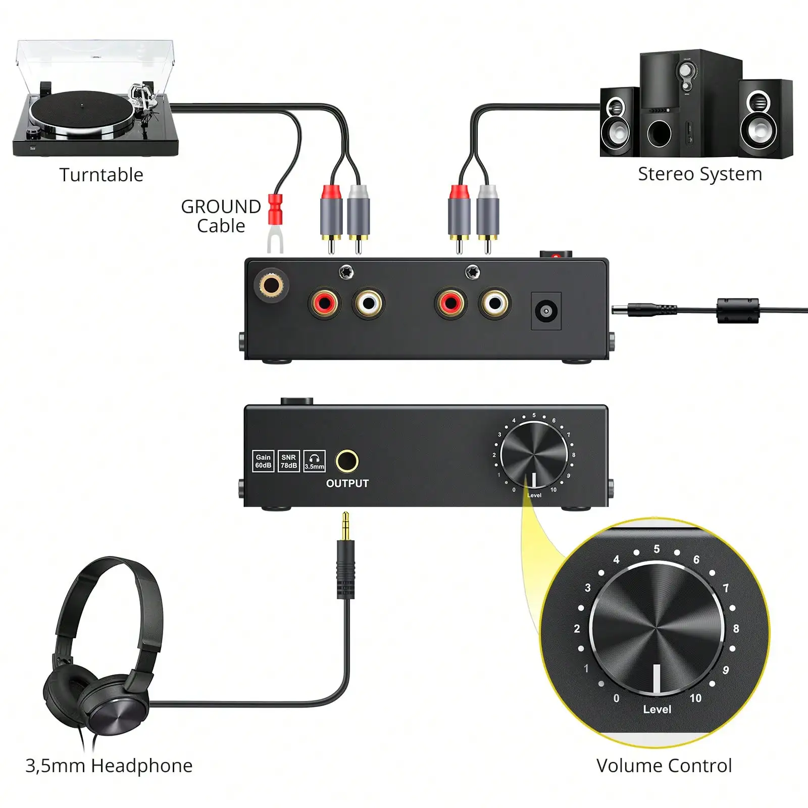 Phono Turntable Preamp Mini Electronic Stereo Audio Phonograph Preamplifier RCA With Volume Knob Maximum volume up to PP400