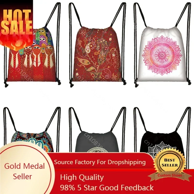 Hamasa Hand of Fatima Print Backpack Lucky Hamsa Women Drawstring Bag Mandala Flower Large Storage Bag Shoes Holder  Book Bag