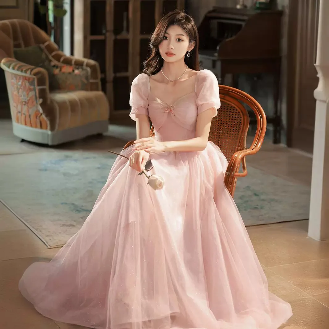 Pink Puff Sleeves Prom Dress French Square Collar Simple Quinceanera Dresses Elegant Tulle Long A-Line Graduation Party Vestido