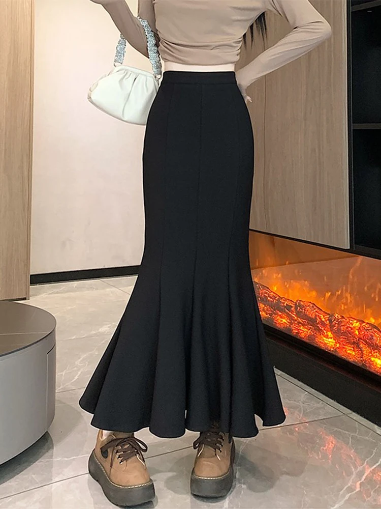 Black Suit Stretch Skirt Women's Spring and Autumn Big Hemline Frill Fishtail Skirt Slimming High Waist Sheath Long Skirt