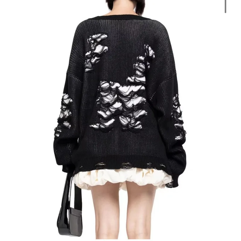 Casual Hollow Out Patchwork Knitted Women's Sweater Oversized O-neck Long Sleeve Basic Jumpers Female 2023 Autumn Streetwear Top