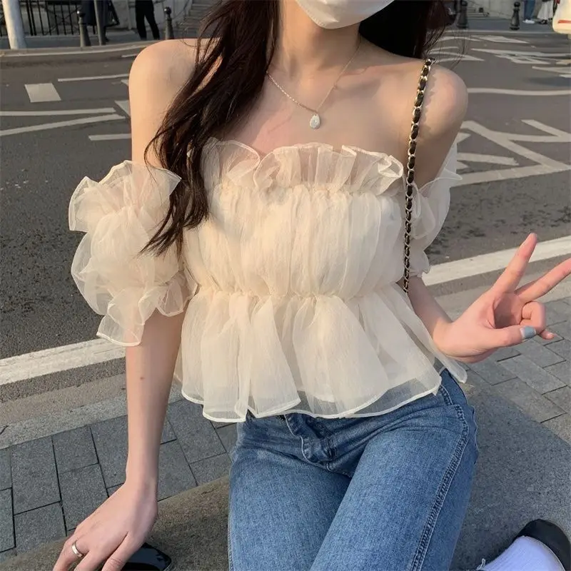 Blouses Women Slash Neck Sweet Girlish Tender French Style Aesthetic Puff Sleeve Clothes Sexy Trendy Princess All-match Summer