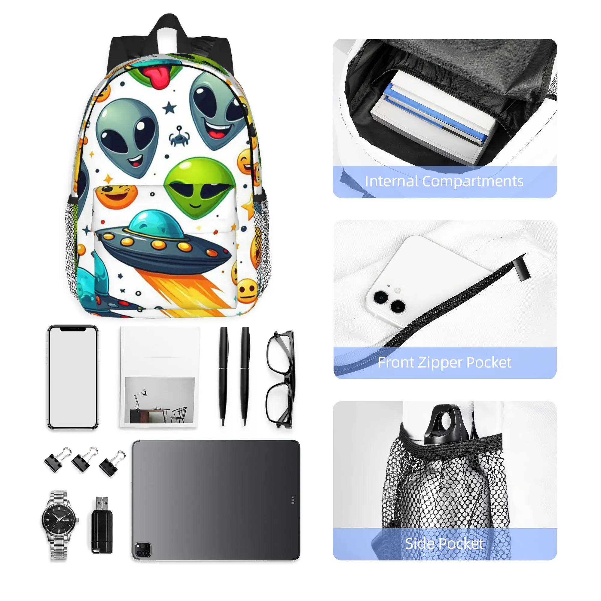 green alien and UFO pattern Backpack Hot Sale Daypack Large Capacity Boys Girls BookBag Shoulder Bags for Men Women School Bag