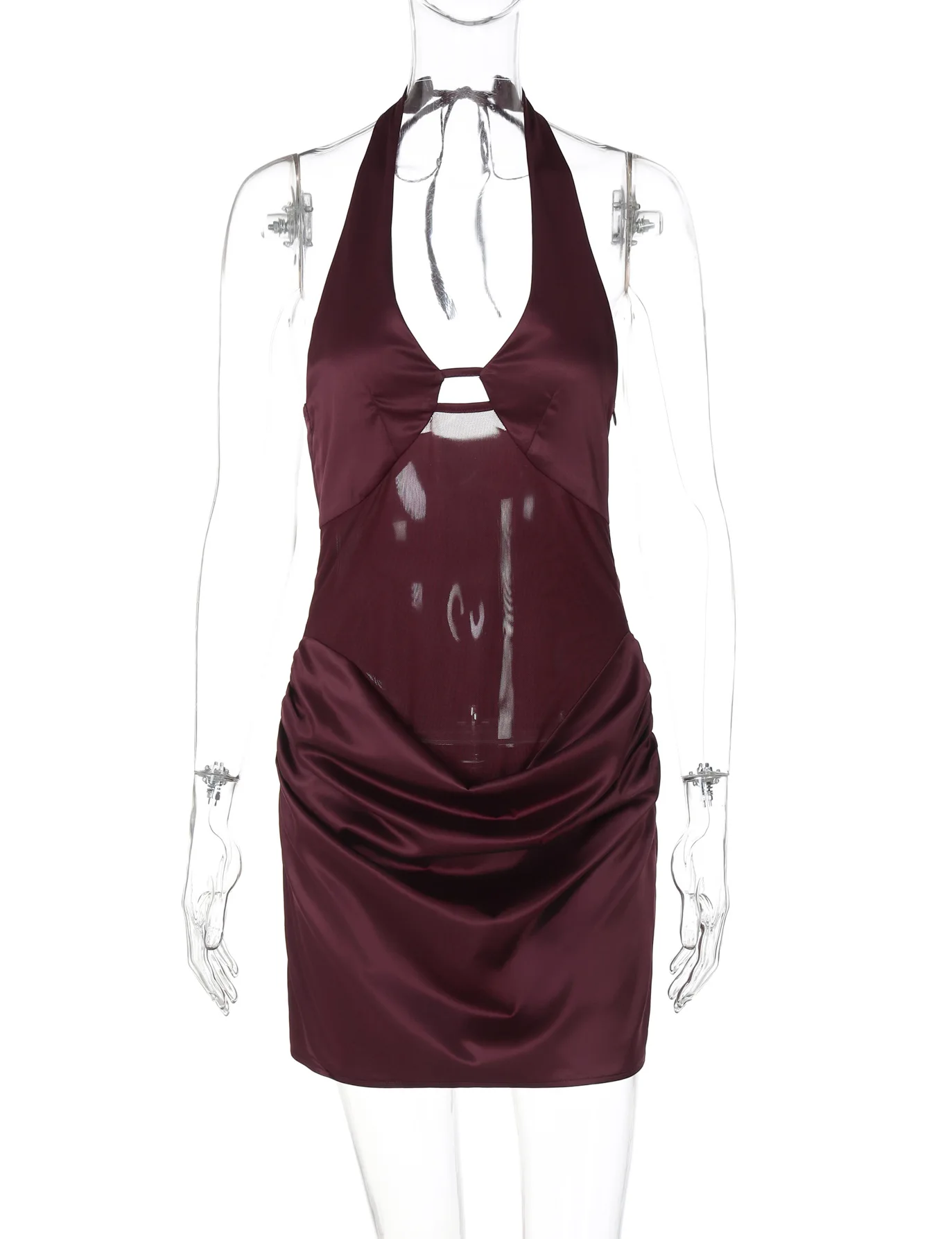 Sheer Mesh Patchwork Satin Mini Dress Women Sexy V-neck Lace Up Halter Backless Ruched Bodycon Party Clubwear Vacation Outfits