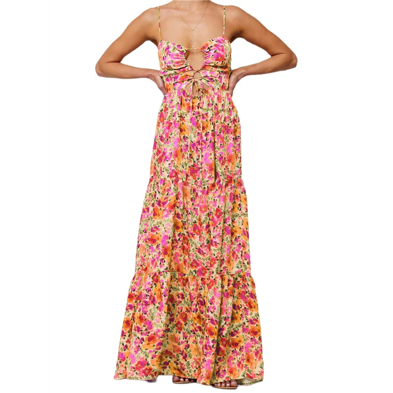ABP-Abito estivo floreale per donna Senza spalline Scavato con cravatta sul davanti Abito lungo Flowy Smocked Bohemia-Abito