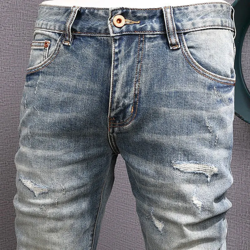 Newly Designer Fashion Men Jeans Retro Washed Blue Elastic Slim Fit Ripped Jeans Men Trousers Painted Vintage Denim Pants Hombre