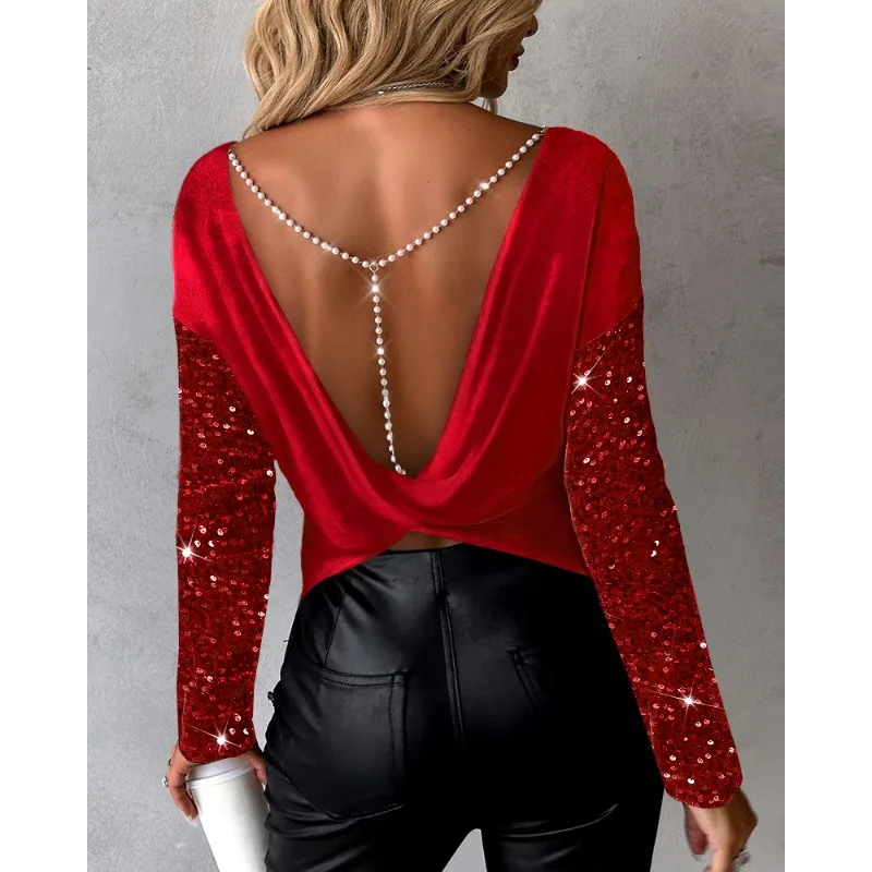 2024 Spring Summer New Women\'s Solid Color Round Neck Long Sleeve Backless Chain Sexy Top