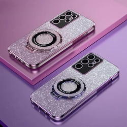 Luxury Plating Magnetic Holder Phone Case For Samsung Galaxy S24 Ultra S23 S22 S21 S20 Plus FE Note 20 10 Silicone Glitter Cover