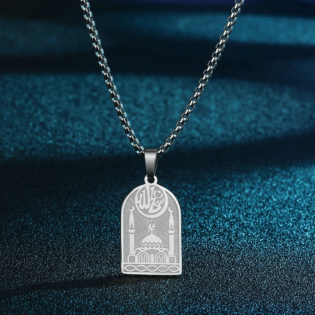 Kinitial Stainless Steel Mosque Muslim Pendant Necklace For Women Men Islamic Religious Jewelry Arabic Islam Vintage Necklace view 5