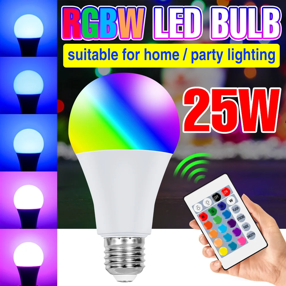 25W E27/E26 LED RGB Light Bulb AC220V IR Remote Control Dimmable Smart Lamp 16 Color Changing Bulbs RGBW Leds Chandelier 110V