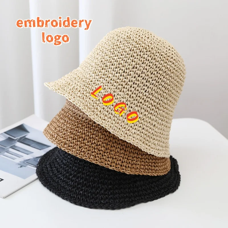 Custom Logo Embroidery Bucket Hat Handmade Crochet Straw Fisherman Cap Outdoor Beach Panama Visor Chapeau Sun Hats tool
