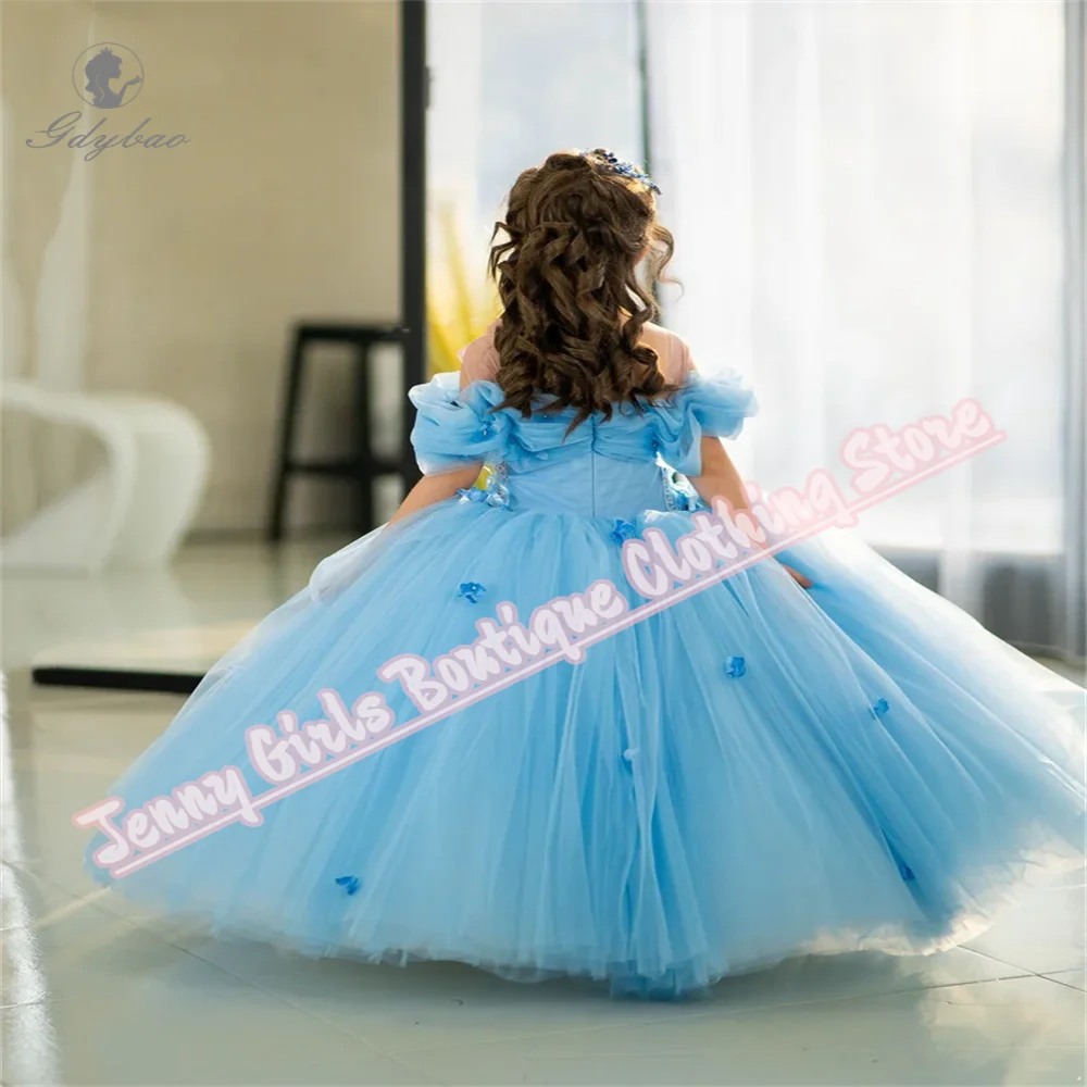 أنيقة شفافة الكتف الأشرطة الأبيض جديد 2025 الزهور فتاة فساتين الطابق طول حفل زفاف للأطفال فستان حفلات