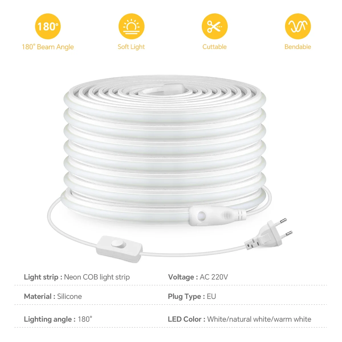1-30M High Brightness 220V COB Neon LED Strip Light Flame-Resistant Solid Silicone Rope Light For Home Lighting