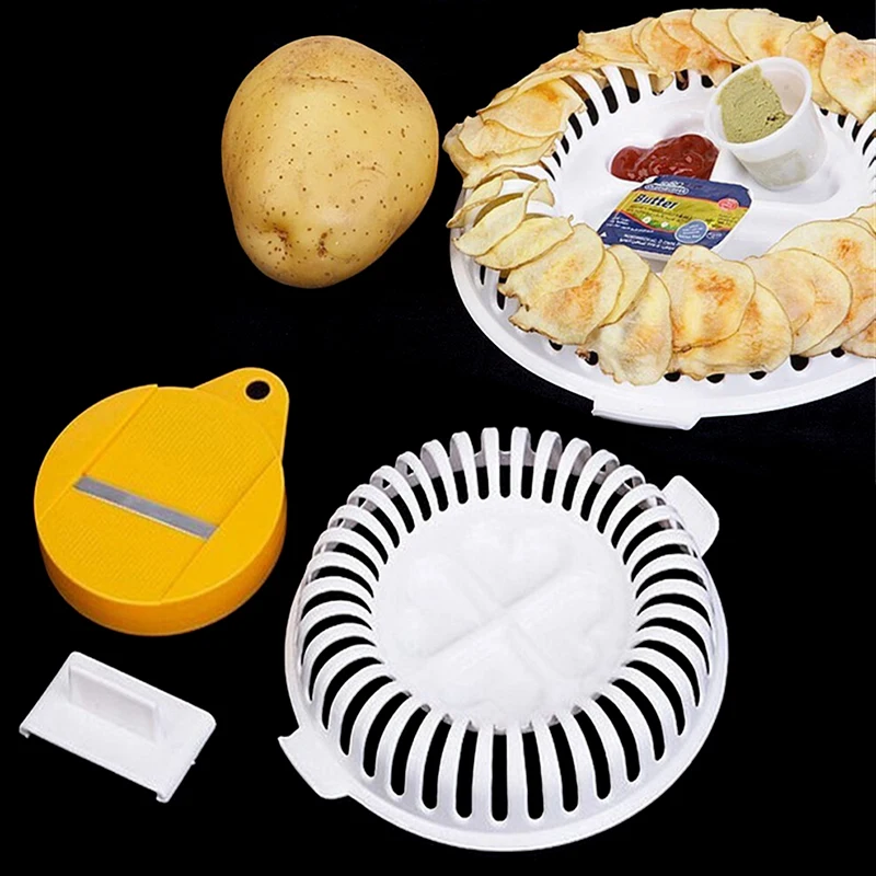 DIY Low Calories Microwave Oven Fat Potato Chips Maker Apple Fruit Potato Crisp Chip Slicer Snack Maker Set Tray Kitchen Tool