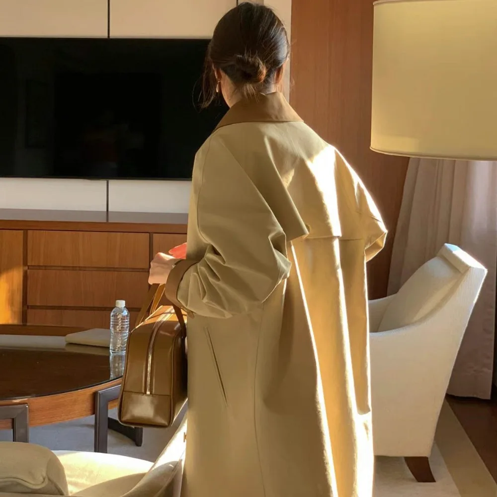 SuperAen French Style Retro Classic Contrast Color Turn-down Collar Single-button Long Trench Coat Fashion Oversize Coats