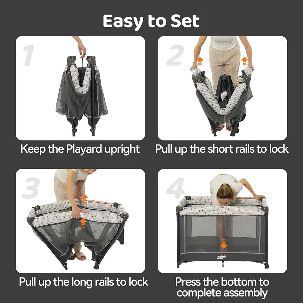 Kompakter Laufstall mit gepolstertem Boden und Playbar mit Plüschtieren