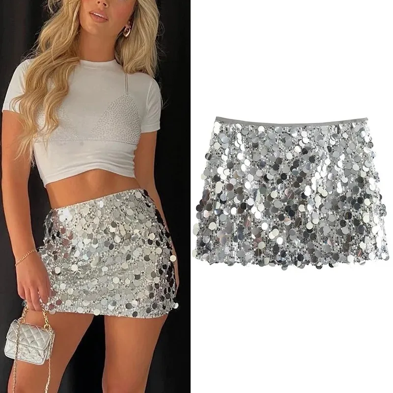 

Nice Silver Sequin Skirt Woman High Waist Mini Skirt Woman Fashion Shiny Glitter Elegant Short Skirts For Women Y2k Skirts