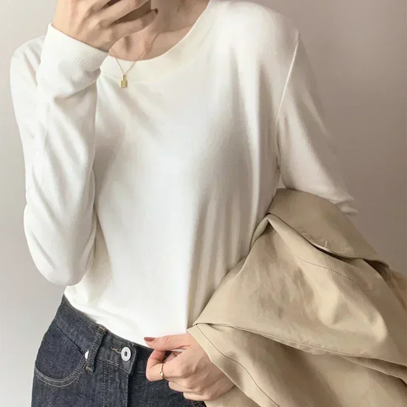 

Весенние женские футболки Удобная футболка с круглым вырезом Slim Fit Повседневный базовый топ с круглым вырезом и пуговицами Вязаные топы женские с длинным рукавом