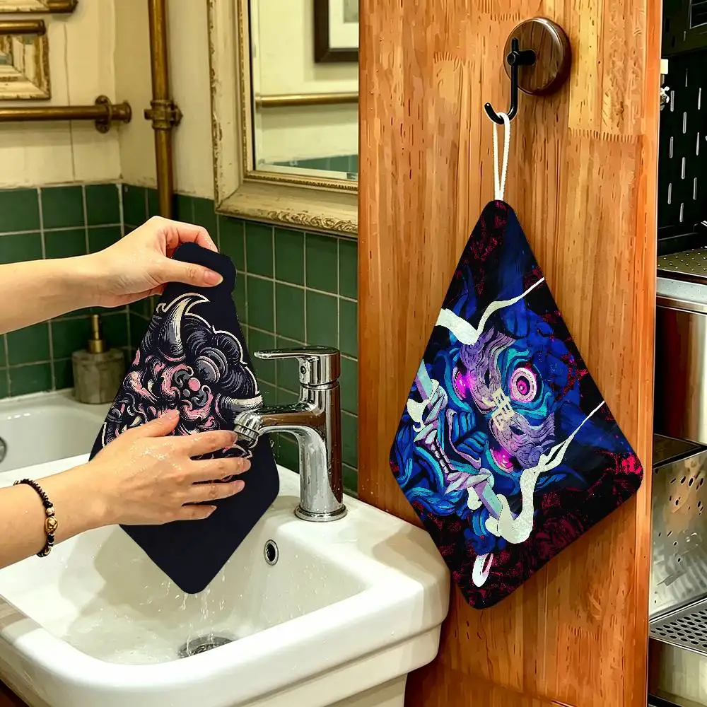 Samurai Oni Mask Polyester Cotton Hanging Hand Towel, Super Absorbent Hand Wiping Towel for Daily Household Use