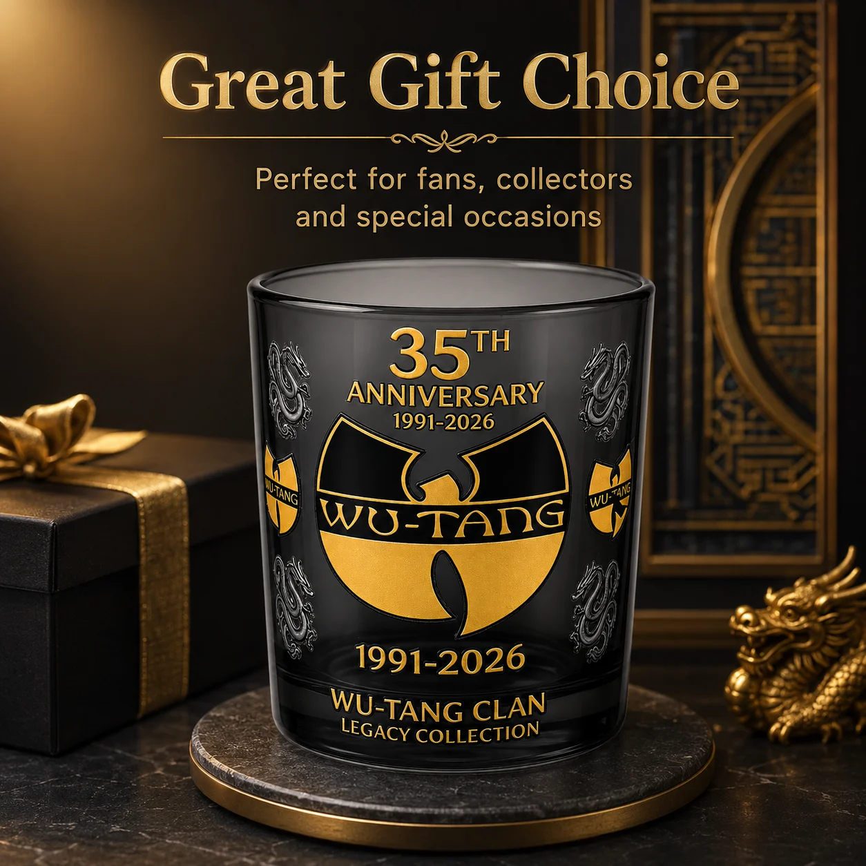 Wu-Tang Clan 35th Anniversary Whiskey Glass Black Tinted Tumbler Gold Print Rock Cup Home Bar Drinkware Gift