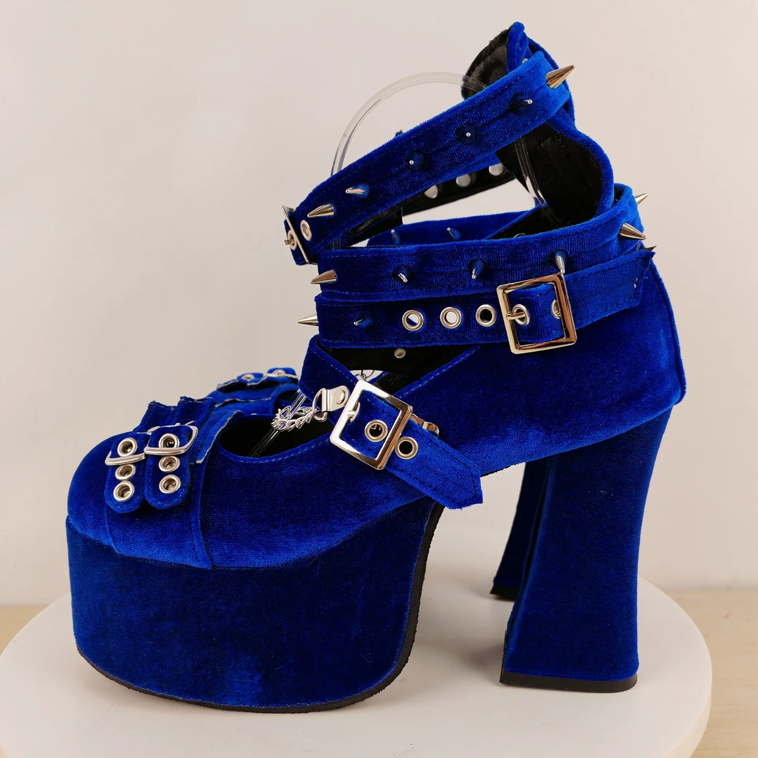 Designer Royal Blue Thick Platform Buckle Straps with Gold Rivet Dress Shoes Women Party Pumps Lolita Shoes view 4