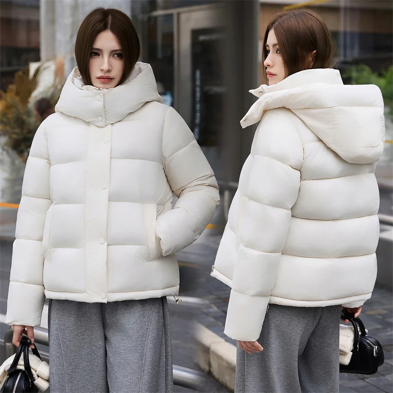 Detachable Hooded Stand Collar Cotton Padded Women Jackets Autumn Winter Loose Zipper Pockets Short Simple Casual Outer Garment