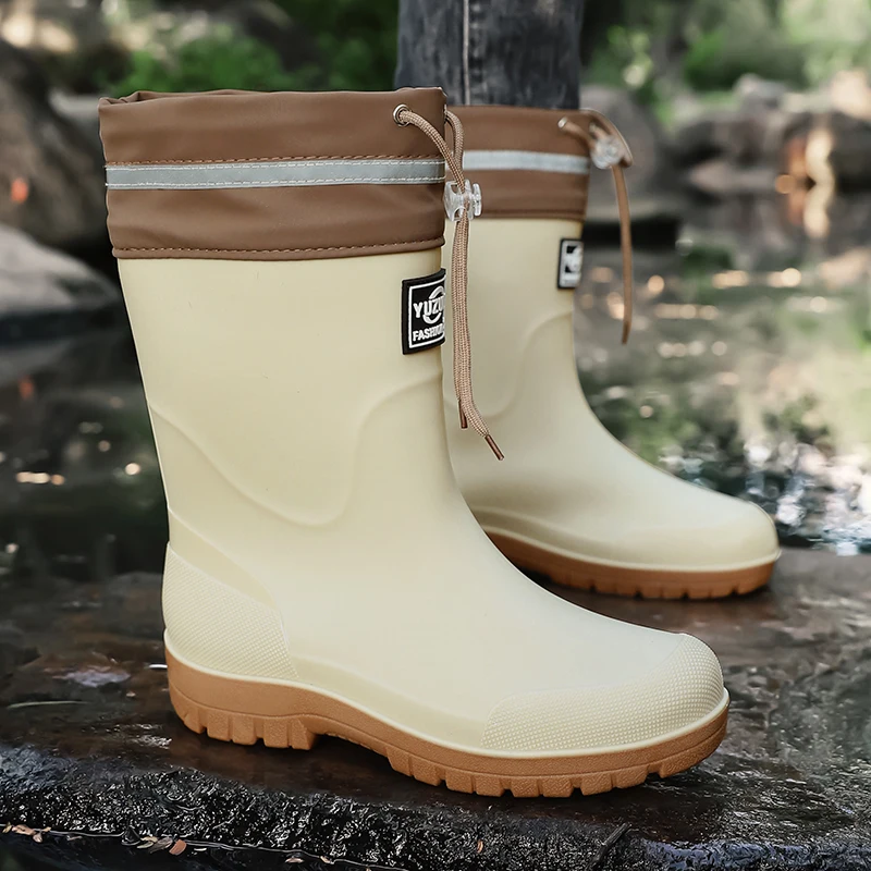 Men's Mid-Calf Drawstring Rain Boots, Waterproof Thick-Soled Commuting Fishing Outdoor Rain Shoes view 4