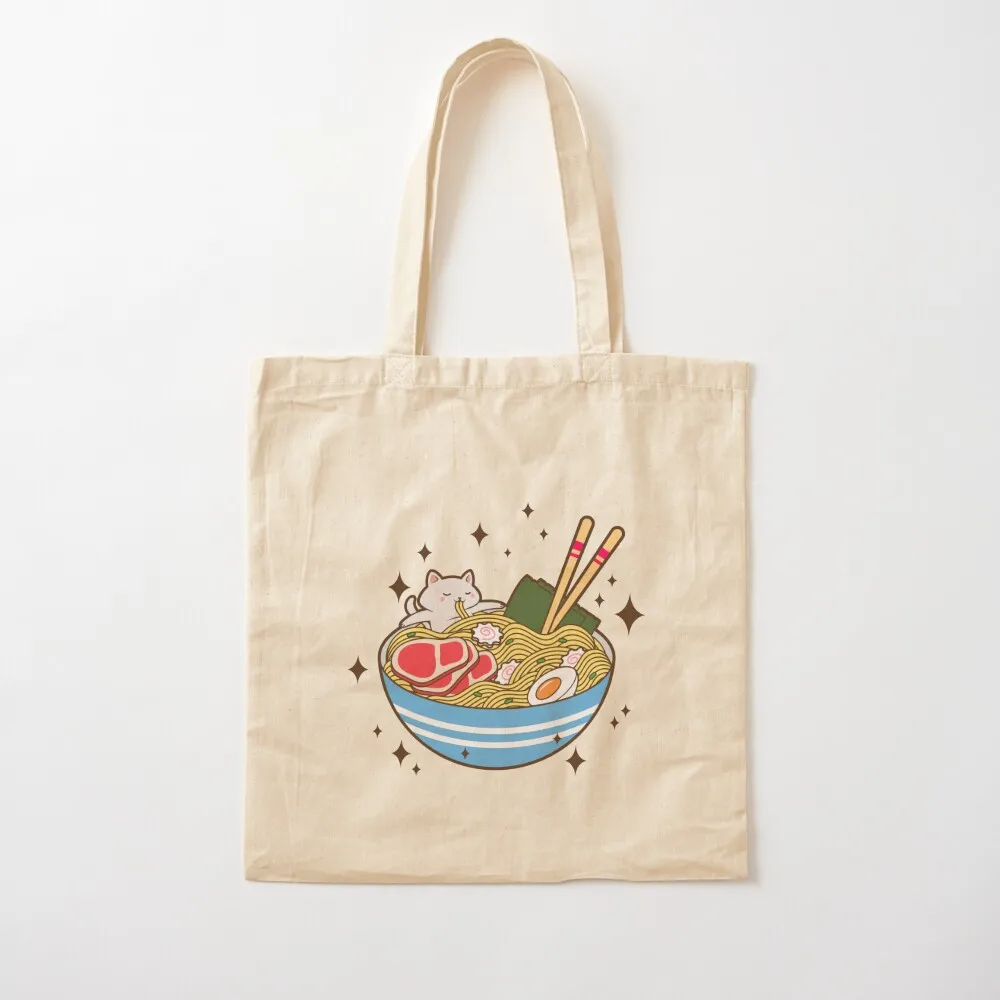 Cat Eating Ramen Cute Noodles Tote Bag