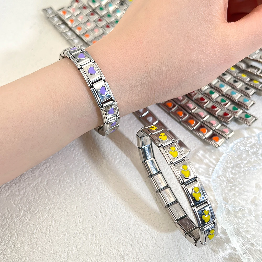 BERICHHA 1PC Bracelet Stainless Steel 18PCS Parts Enamel Love Star Rhinestone Heart Italian Links 9mm DIY Jewelry Wholesale New