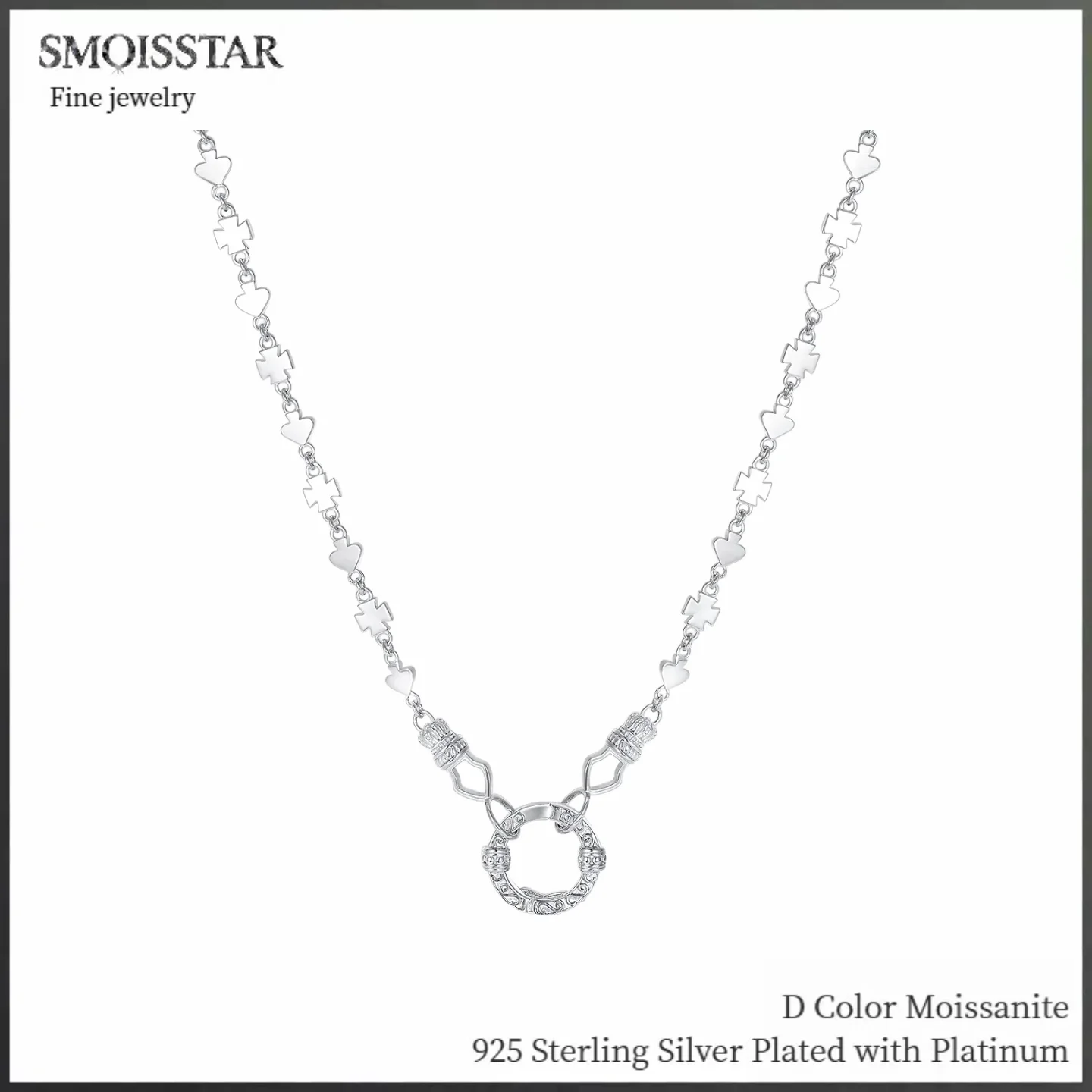 

Collarbone 925 Sterling Silver Necklace, Textured Circular Pendant, Cross and Heart Shaped Chain Surprise Gift for Anniversary