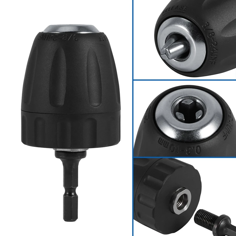 0.8-10Mm Keyless Drill Chuck 3/8 - 24UNF Thread Quick Release Chuck Drill Holder With SDS-Plus Shank 1/4 Inch Hex