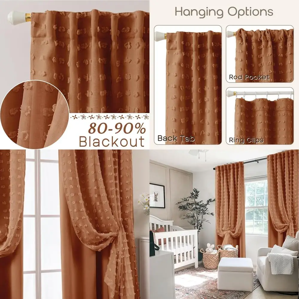 

Vintage Bohemian Curtains, 84, 2-Panel Set, Terracotta Rust Pom Pom Pattern, Double Layer for Bedroom & Living Room