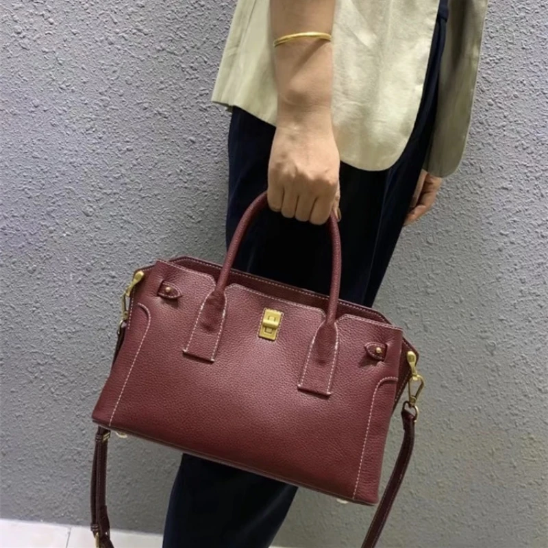 New Women\'s Luxury Handbag Litchi Grain Cowhide One Shoulder Crossbody Bag Simple Generous Tote Bag Large Business Commuter Bag