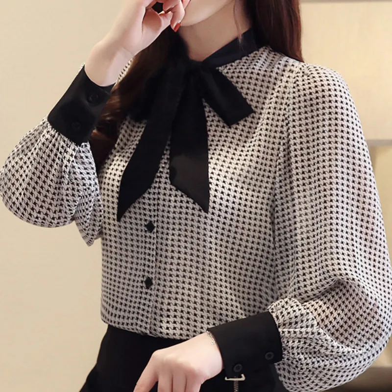 womens tops and blouses long sleeve women shirts fashion bow collor office blouse women plaid chiffon shirt female top clothe