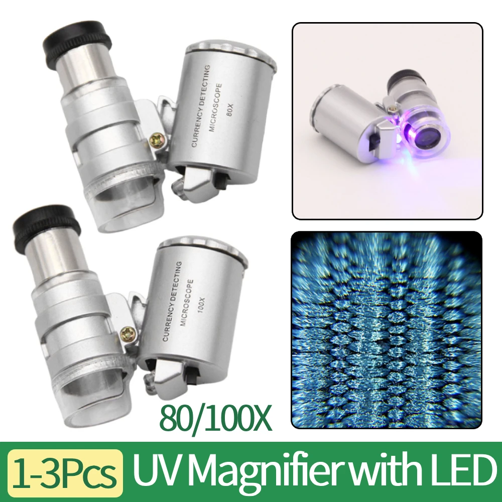 1/2/3Pcs 80/100X Portable UV Magnifier with LED Jewelry Appreciation Microscope Illuminated Folding Handheld Magnifying Glass